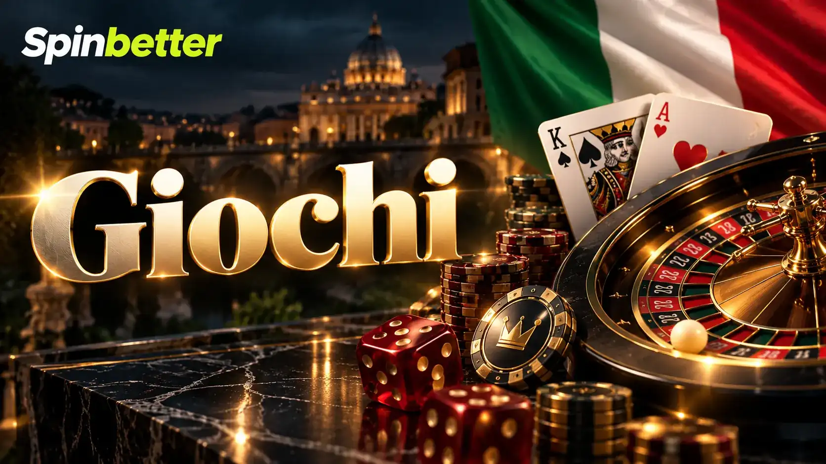 Sezione giochi del casinò SpinBetter con roulette, carte e dadi